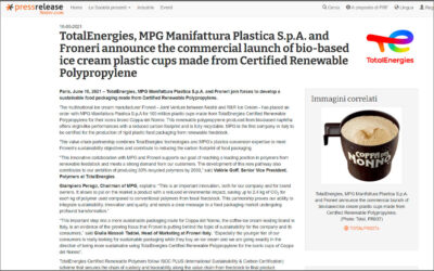 TotalEnergies, MPG Manifattura Plastica S.p.A.  and Froneri announce the commerciai launch  of bio-based ice cream plastic cups made from  Certified Renewable Polypropylene
